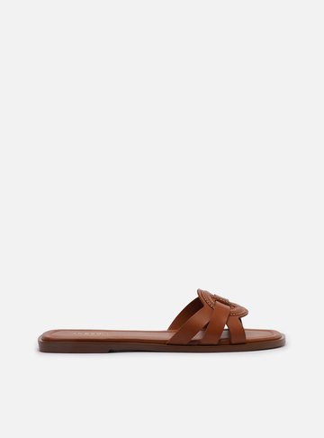 Rasteira Marrom Couro Flat Tiras Pesponto