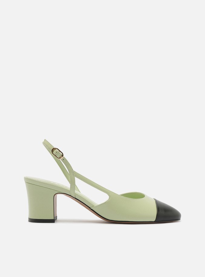 Scarpin Verde Bicolor Couro Salto Médio Bloco Slingback