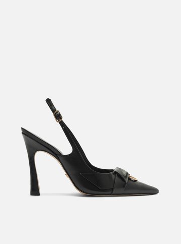 Mule Preto Couro Bico Fino Salto Alto