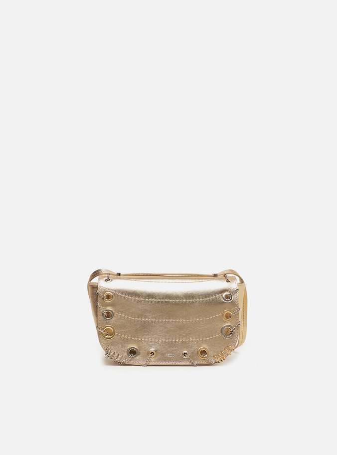 Bolsa Tiracolo Dourada Couro Pequena Costuras Metais