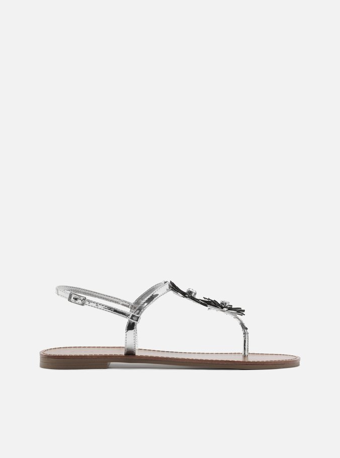 Sandália Rasteira Prateada Metalizada Slim Flores