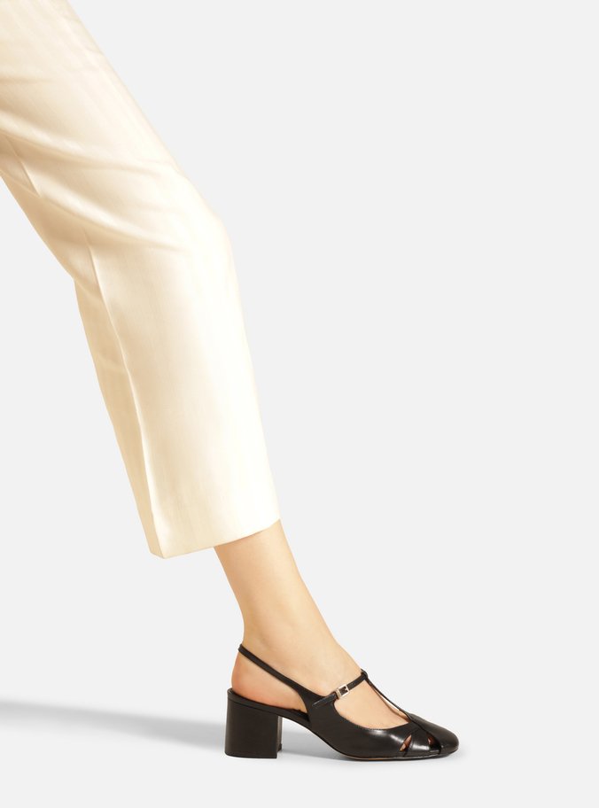 Sapato Boneca Preto Couro Slingback Recortes