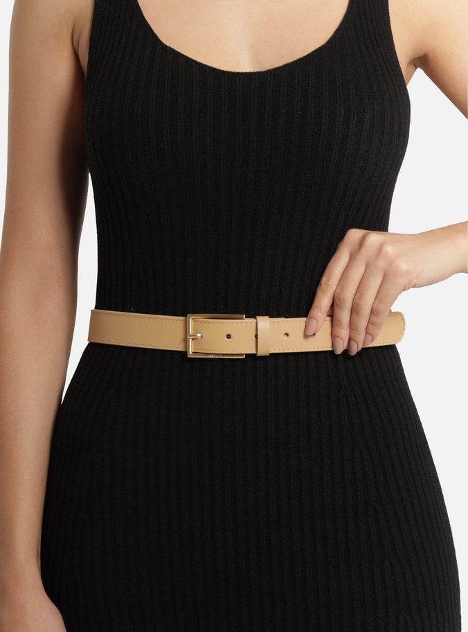 Cinto Bege Couro Médio Fivela Dourada