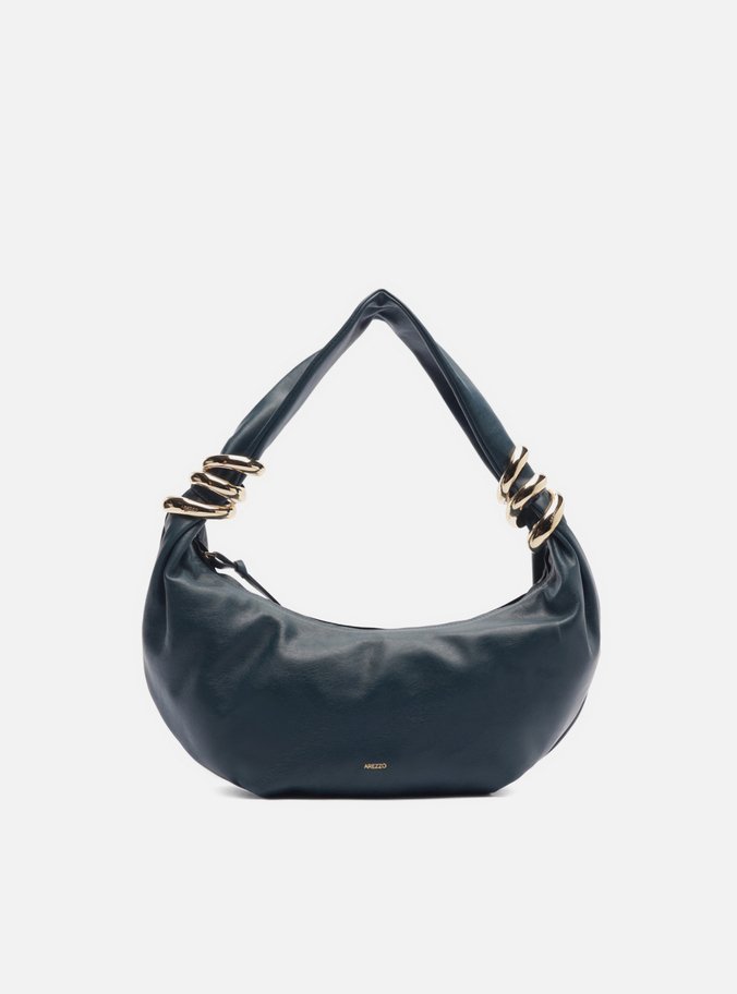 Bolsa Hobo Azul Couro Média Metais