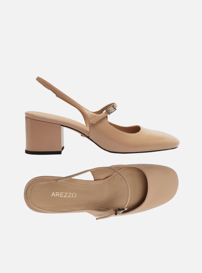 Sapato Boneca Bege Couro Bloco Slingback Classic