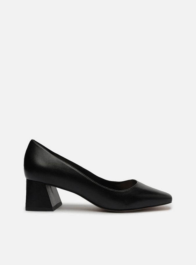 Scarpin Preto Couro Bloco Bico Quadrado