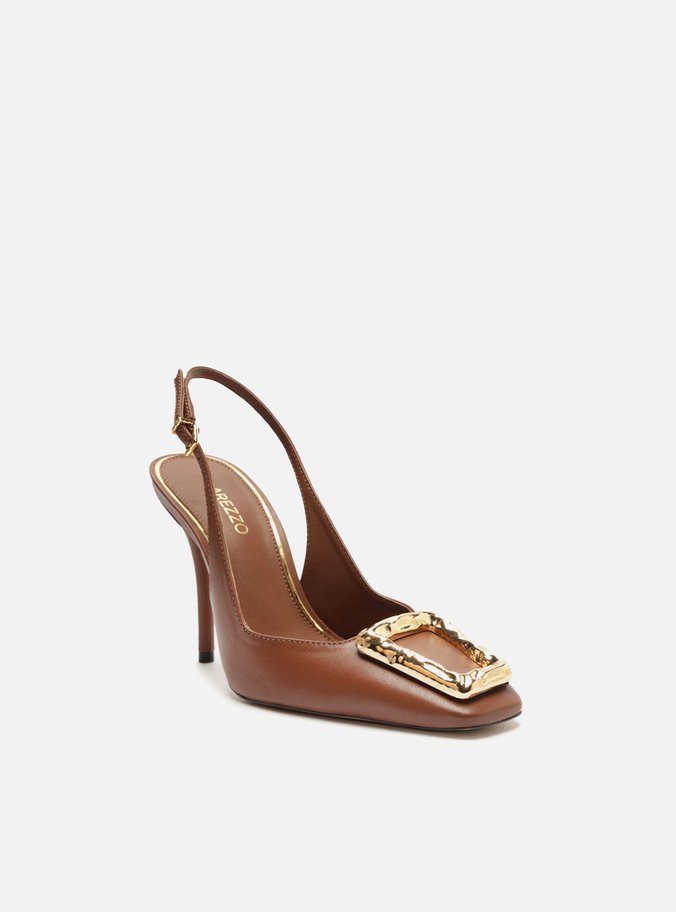 Scarpin Marrom Couro Bico Quadrado Slingback Metal