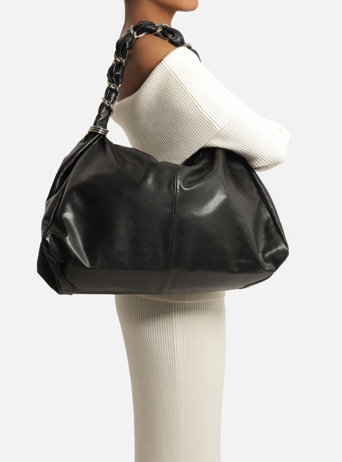 Bolsa Shopping Preta Couro Grande Alça Metais TIG