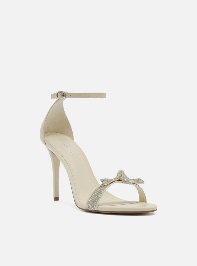 Sandália Nobuck Off-White Nó Brilho Salto Fino