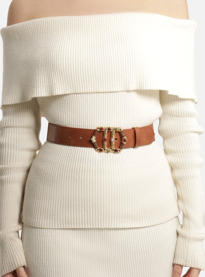 Cinto Marrom Couro Largo Fivela Sextavada Pedrarias