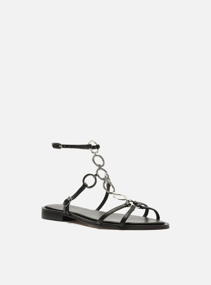 Sandália Rasteira Preta Gladiadora Couro Metais TIG