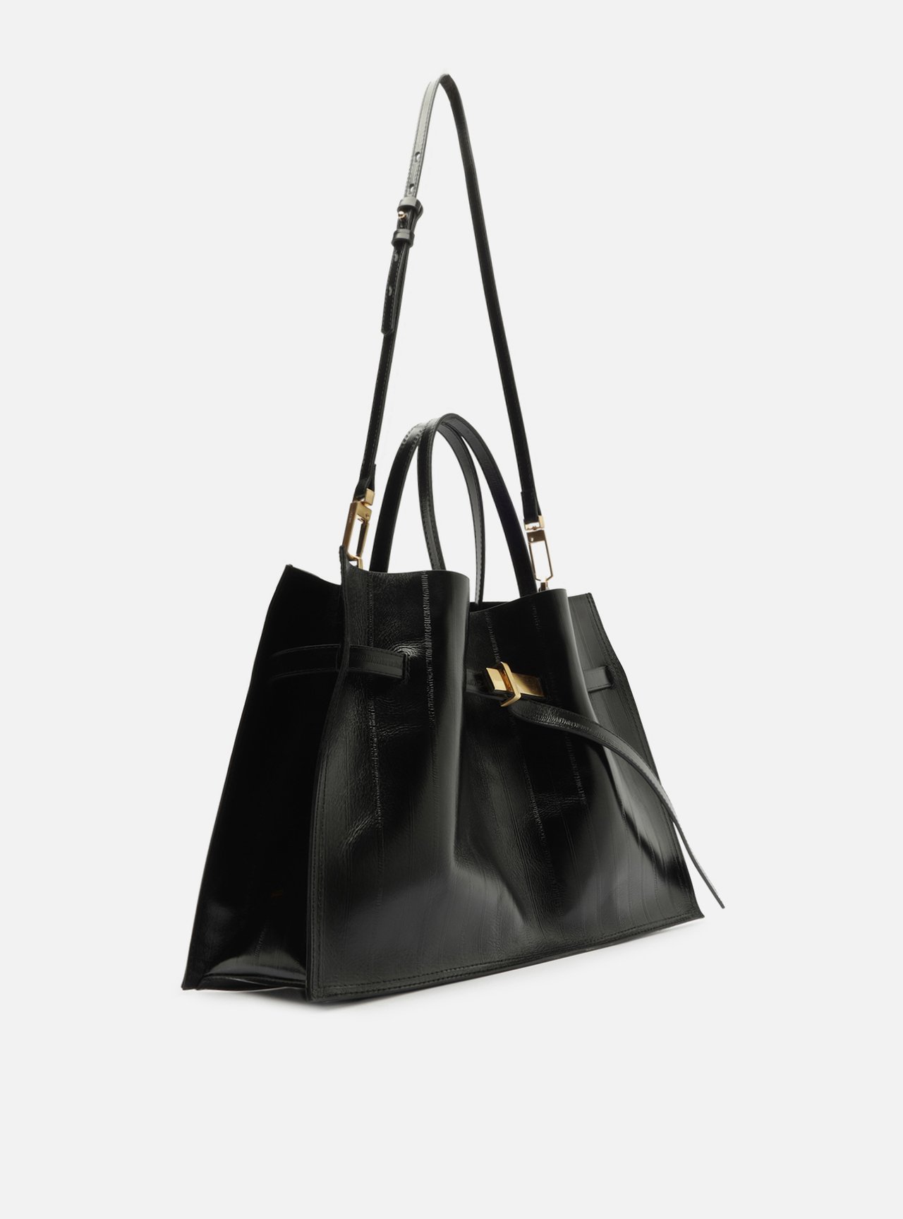Bolsa Tote Preta Couro Grande Tira Metal — foto 5
