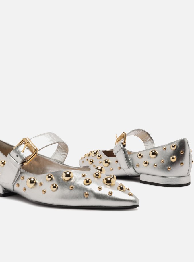 Sapatilha Boneca Prata Couro Maxi Tachas