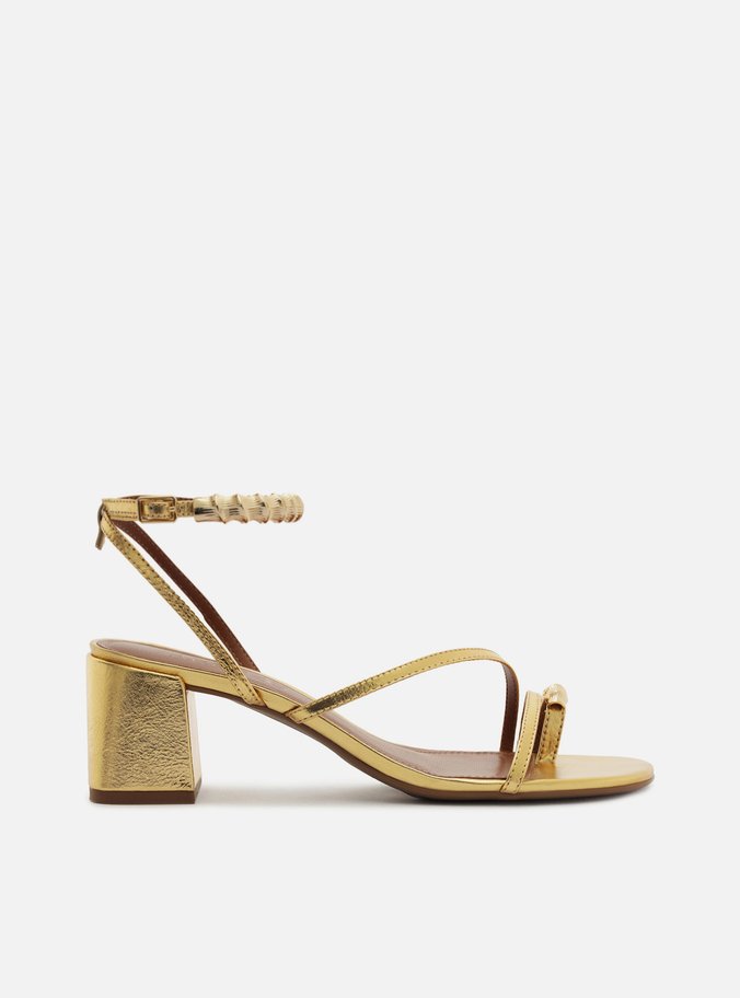 Sandália Dourada Couro Salto Médio Bloco Metais Dedeira