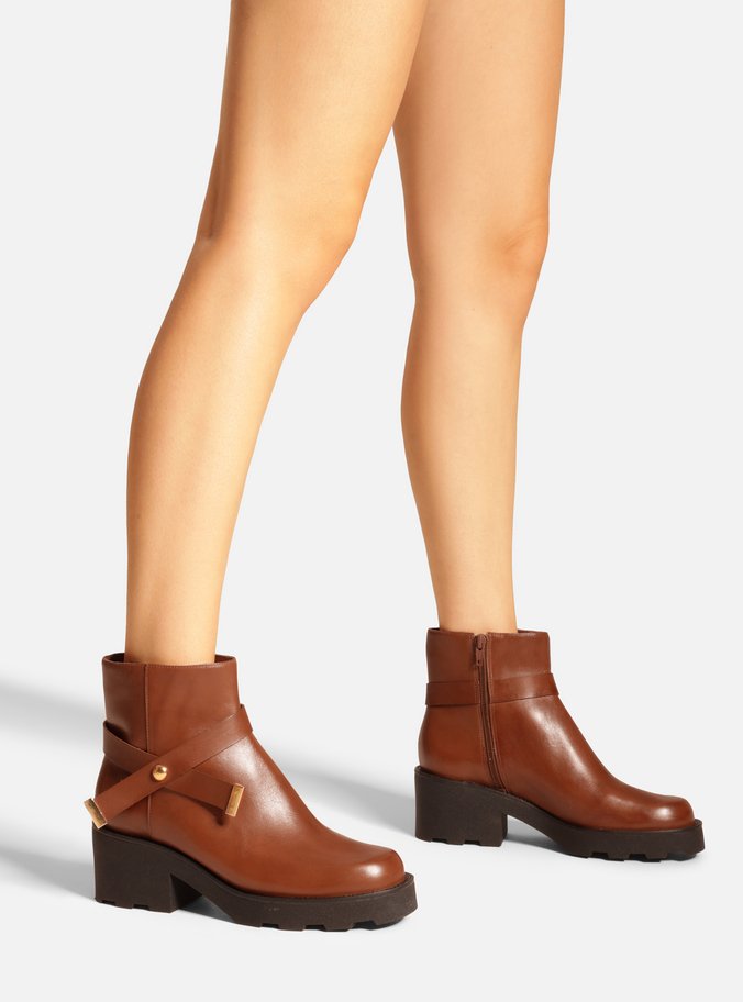 Bota Marrom Couro Cano Curto Salto Alto Tira
