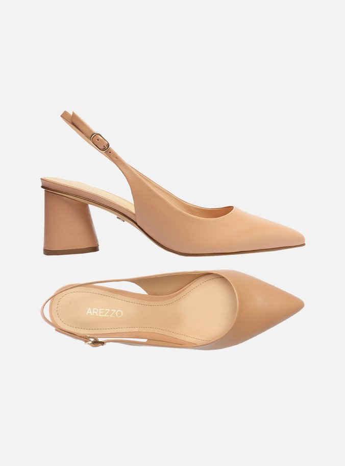 Scarpin Bege Couro Salto Geométrico Slingback