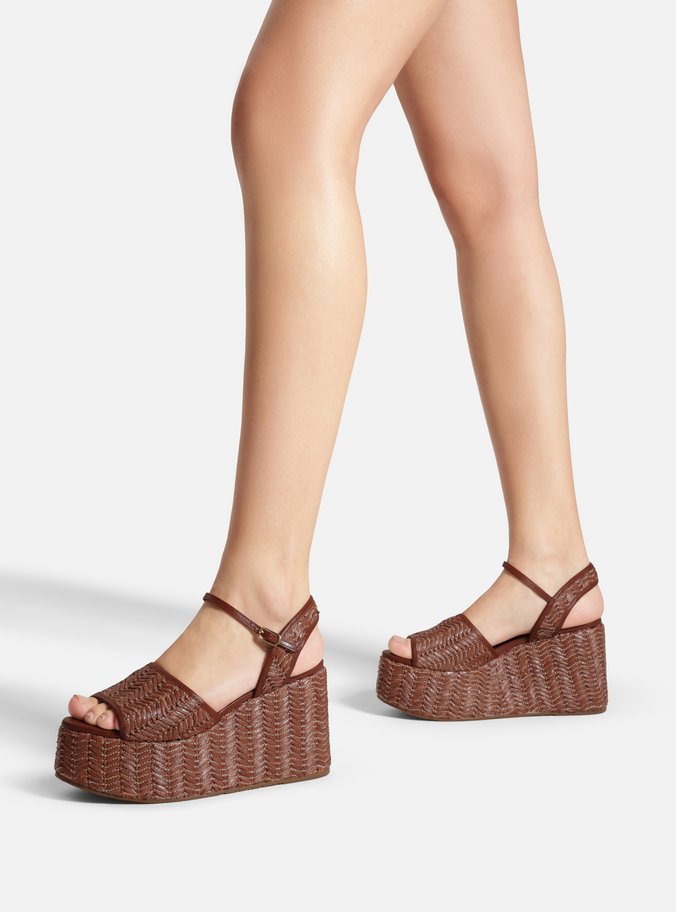 Sandália Marrom Ráfia Salto Alto Plataforma