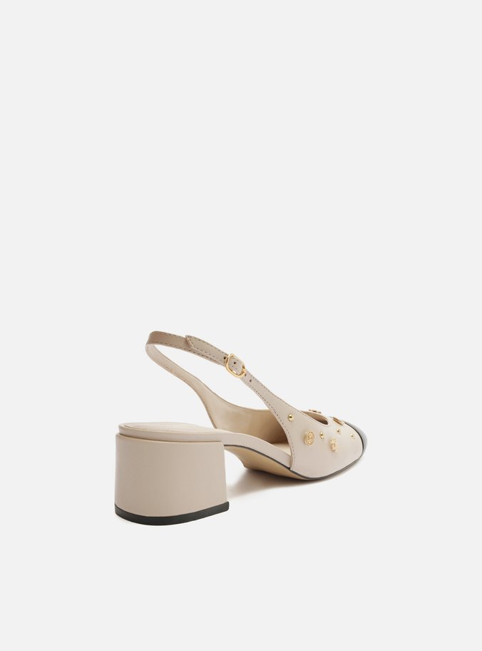 Scarpin Bege Couro Slingback Aplicações