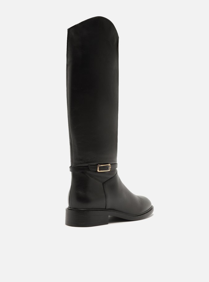 Bota Preta Couro Cano Longo Montaria Fivela