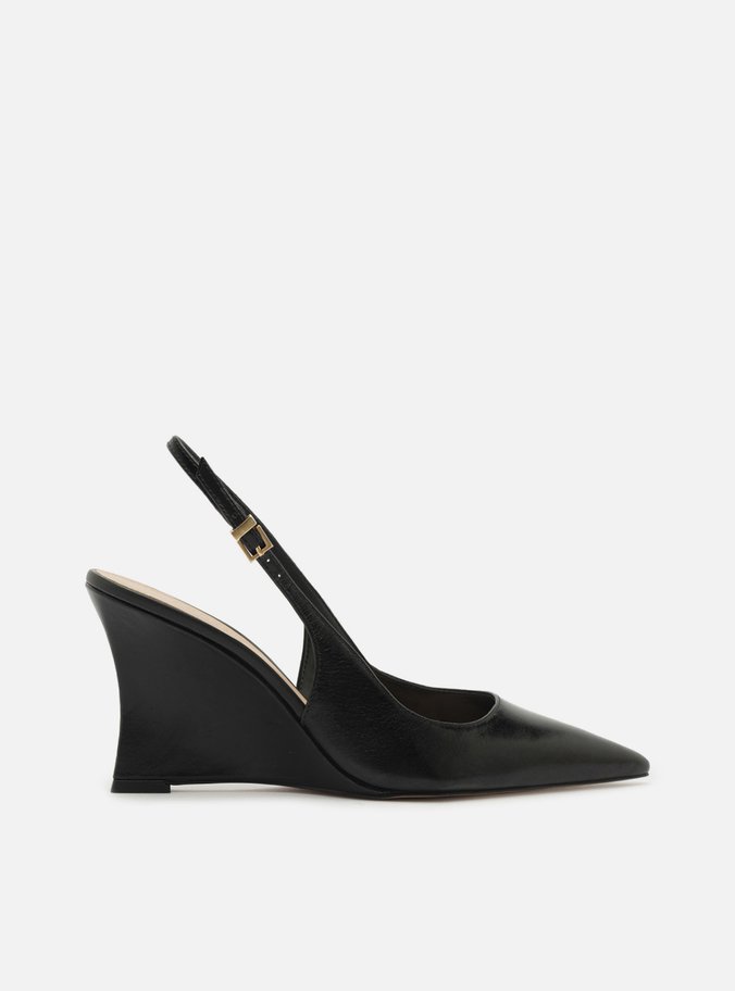 Scarpin Preto Couro Salto Alto Anabela Slingback