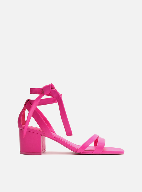 Sandália Rosa Couro Salto Bloco Lace Up