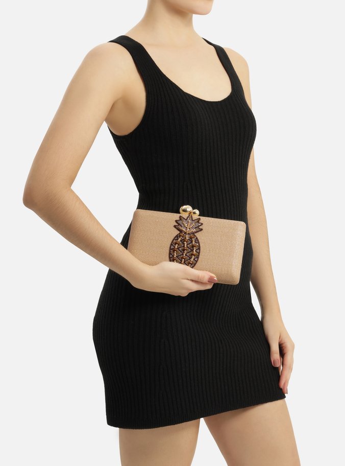 Clutch Bege Palha Bordado Abacaxi