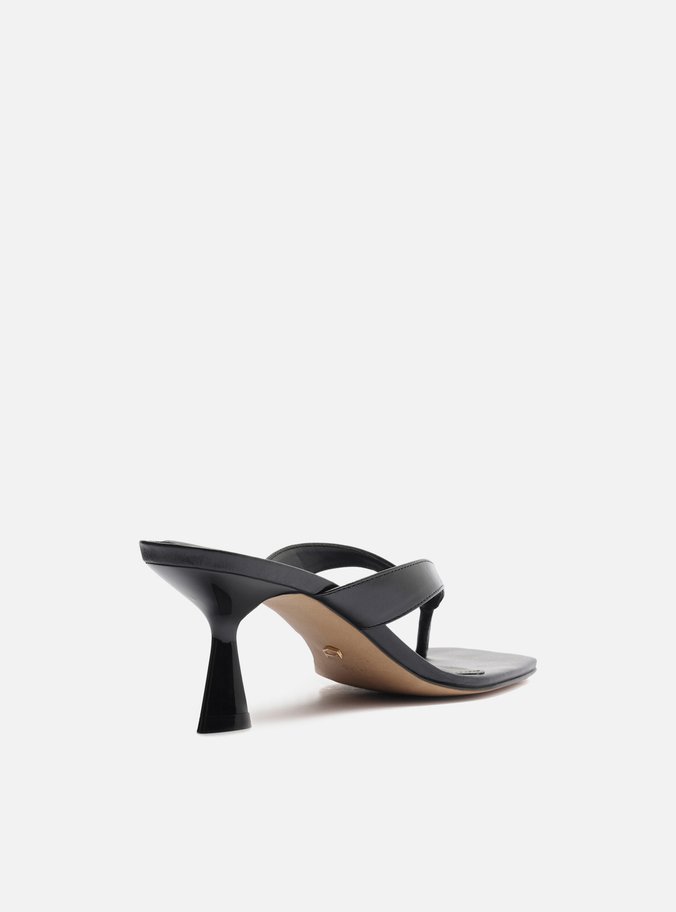 Tamanco Preto Couro Salto Fino Flip Flop
