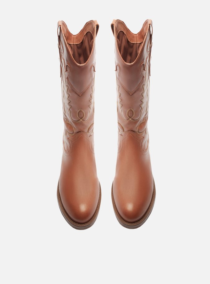 Bota Marrom Couro Cano Longo Bordado Western
