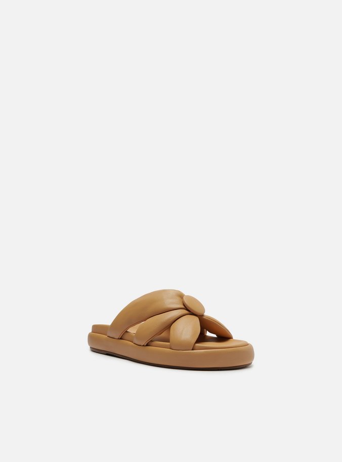 Rasteira Nude Couro Flatform Tiras Botão