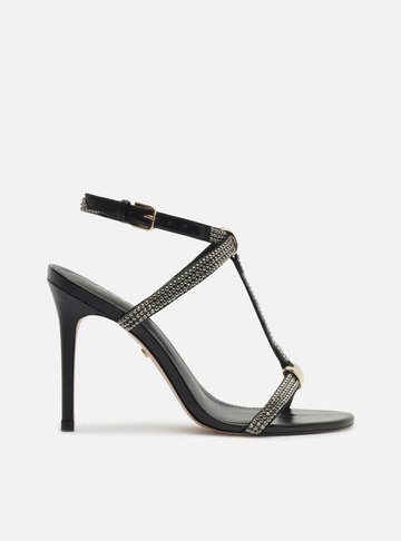 Sandália Preta Couro Salto Alto Fino Strass