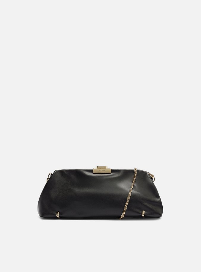 Bolsa Clutch Preta Couro Média Corrente Metais