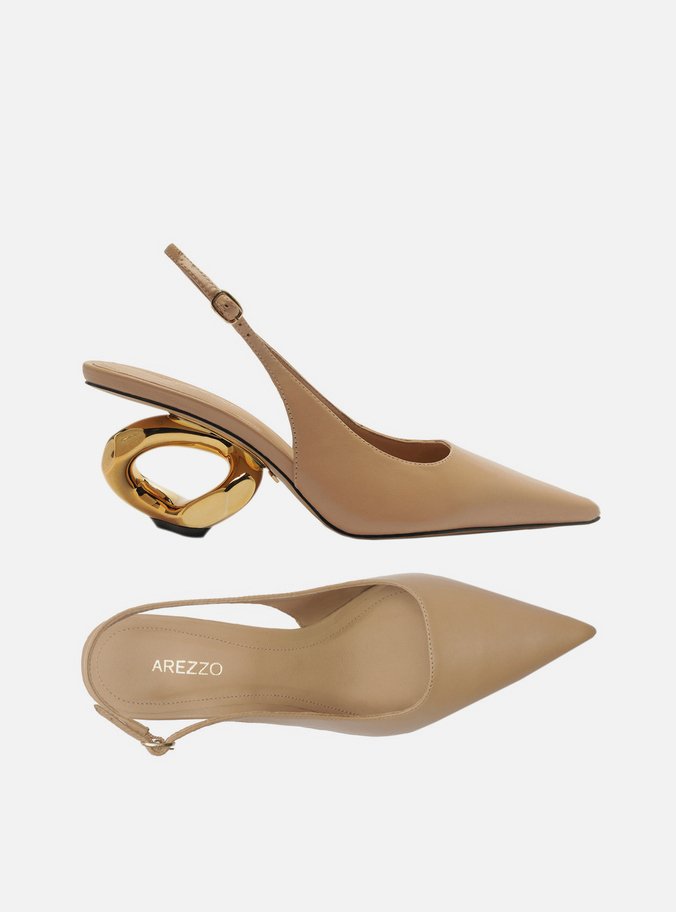Scarpin Bege Couro Salto Geométrico Slingback