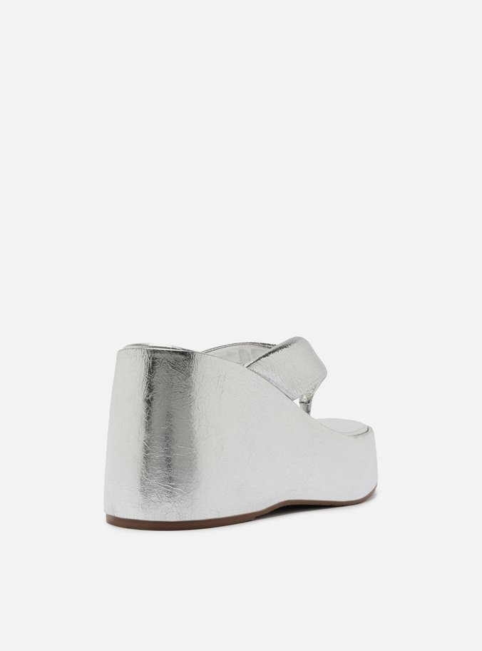 Sandália Prata Couro Plataforma Flip Flop TIG