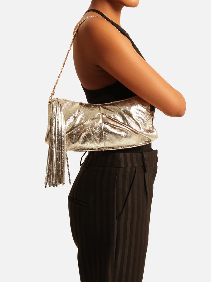 Bolsa Shoulder Dourada Couro Grande Franzida