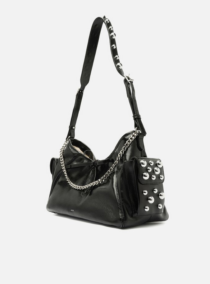 Bolsa Tiracolo Preta Couro Pequena Spikes