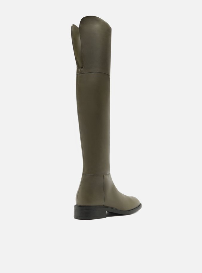 Bota Over The Knee Verde Couro Salto Bloco