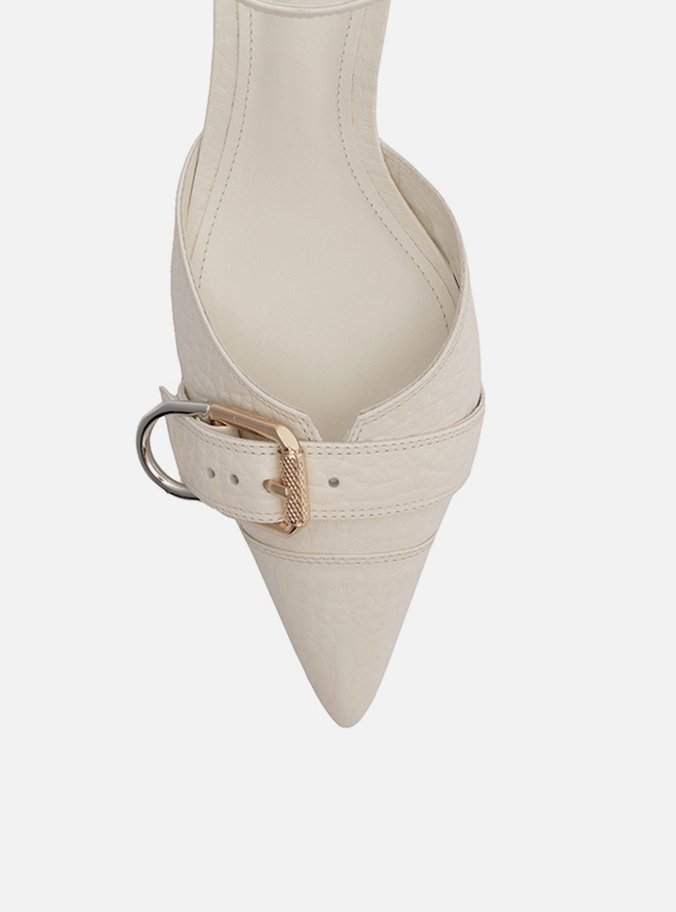 Scarpin Branco Couro Salto Kitten Aberto Fivela