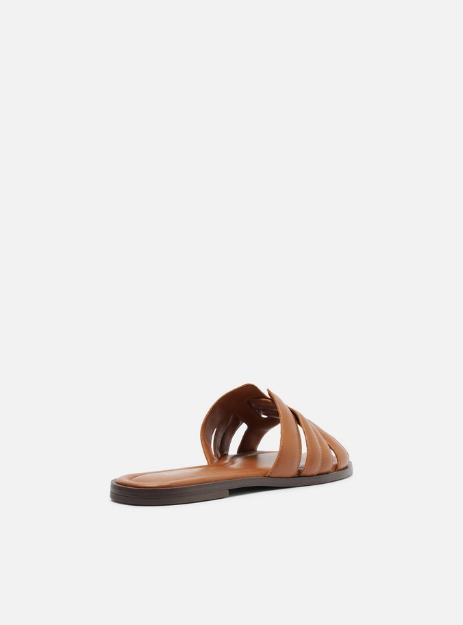 Rasteira Marrom Couro Flat Tira Vazada Puffer