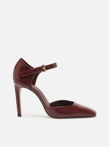 Scarpin Vinho Verniz Salto Alto Bico Quadrado