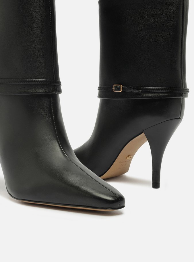 Bota Preta Couro Salto Fino Capa Tira
