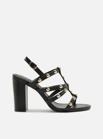 Arezzo — Sandália Preta Couro Salto Bloco Studs