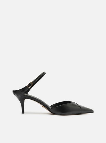 Mule Preta Couro Salto Kitten Tira Instep