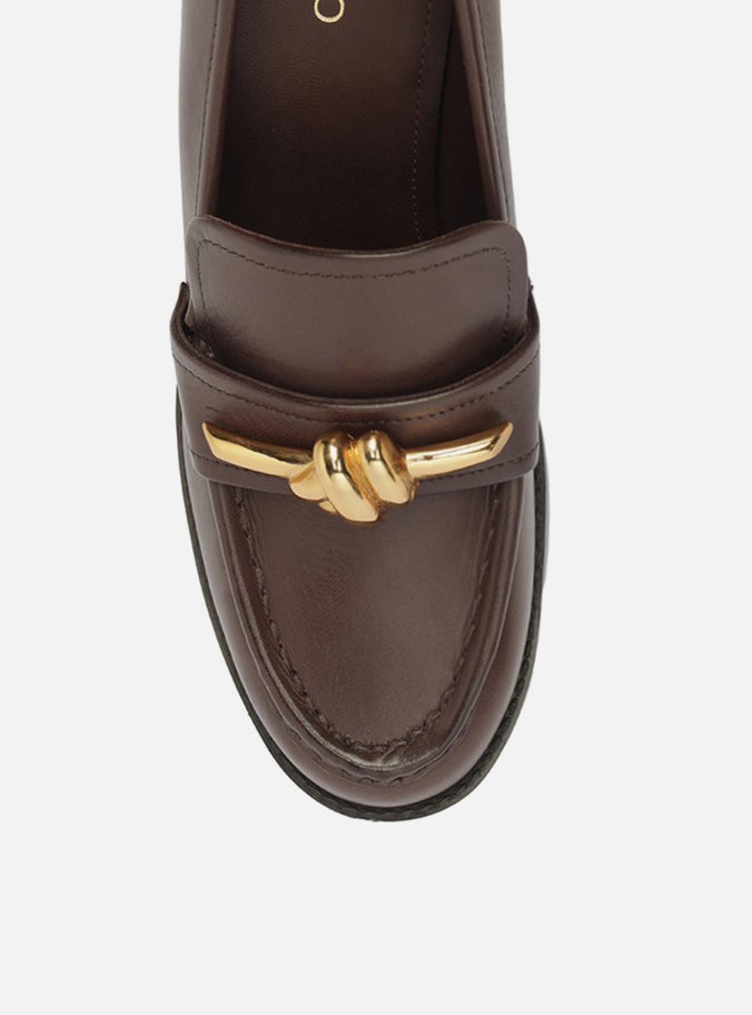 Loafer Marrom Couro Salto Bloco Metal Nó