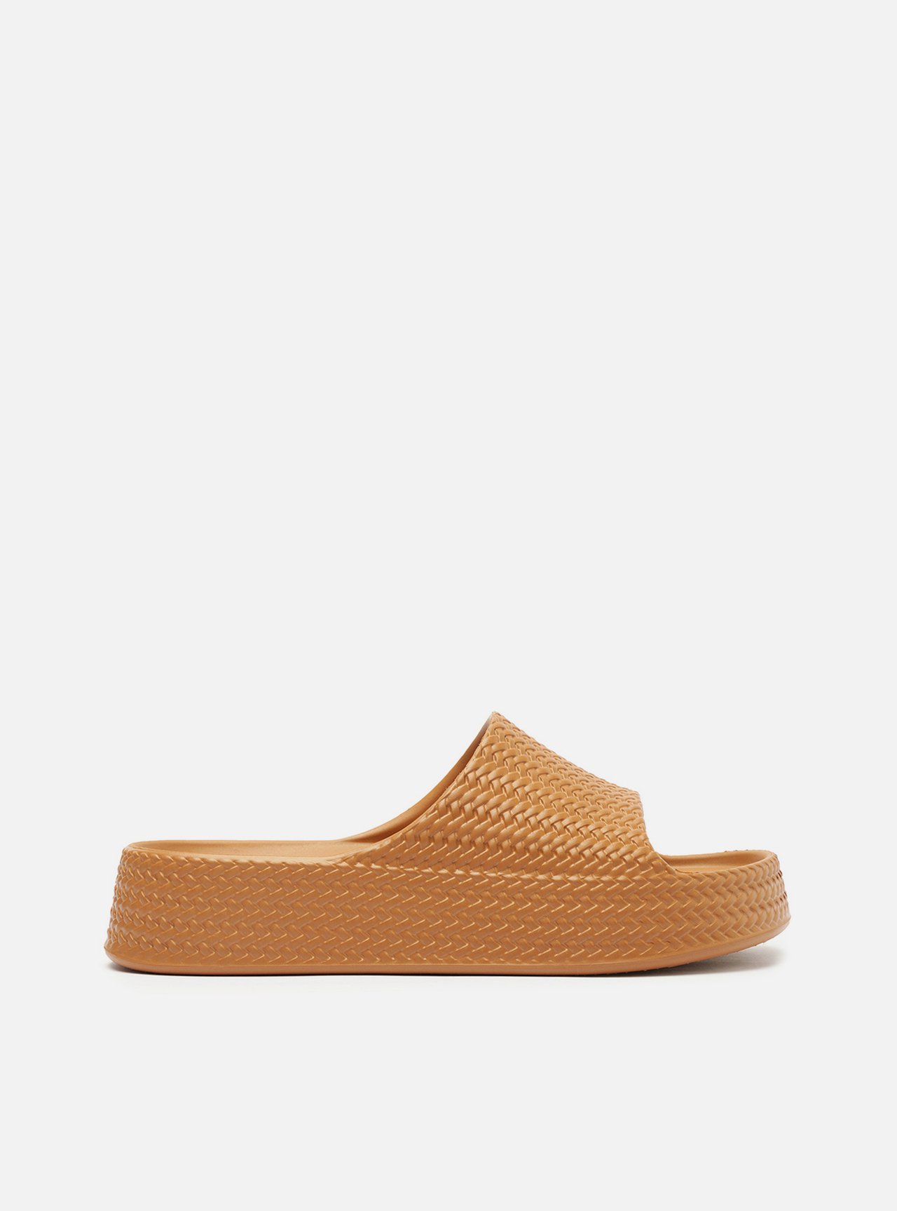 Slide Marrom Camel Tressê Flatform Tira — foto 1