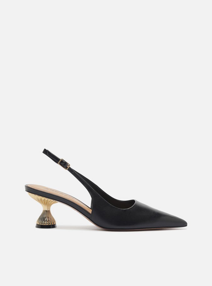 Scarpin Preto Couro Salto Geométrico Slingback