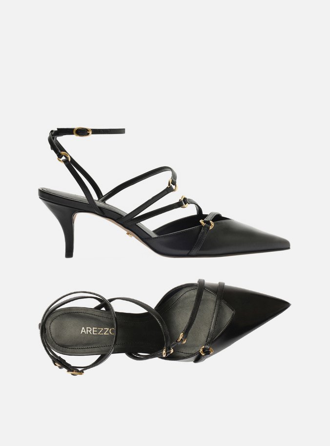 Scarpin Preto Couro Salto Kitten Tiras