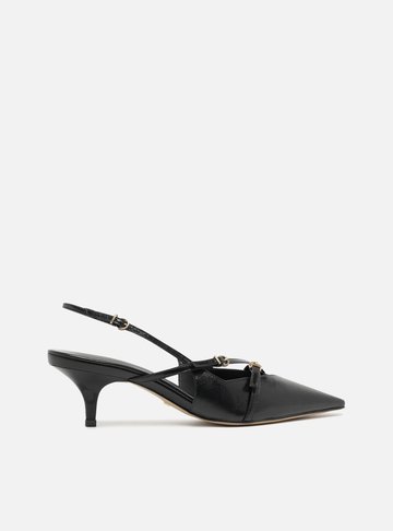 Scarpin Preto Couro Salto Médio Fivela