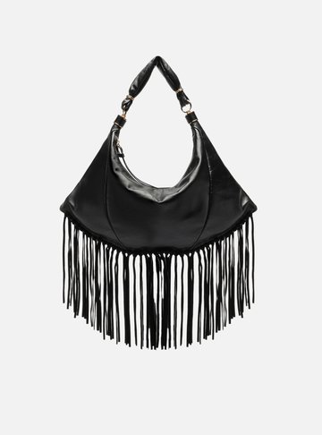 Bolsa Hobo Preta Couro Média Franjas