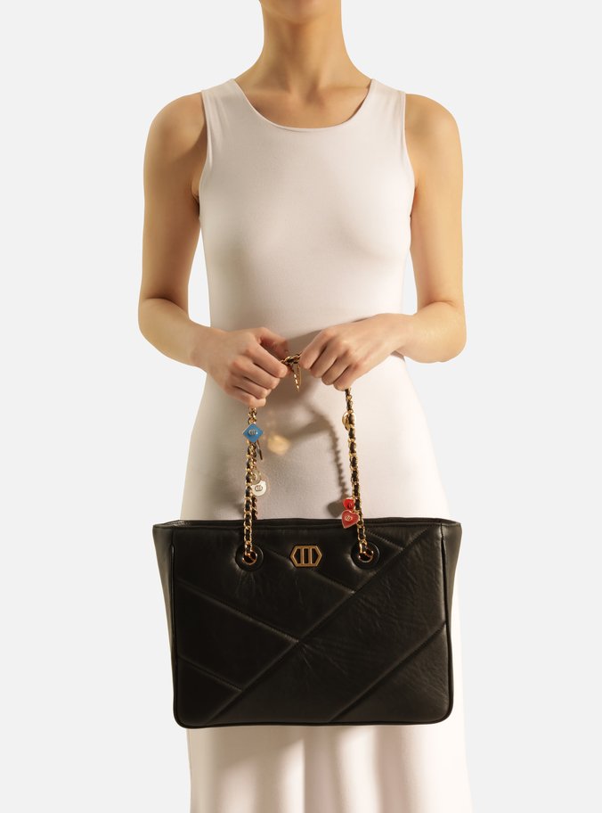 Bolsa Shopping Preta Couro Grande Pingentes