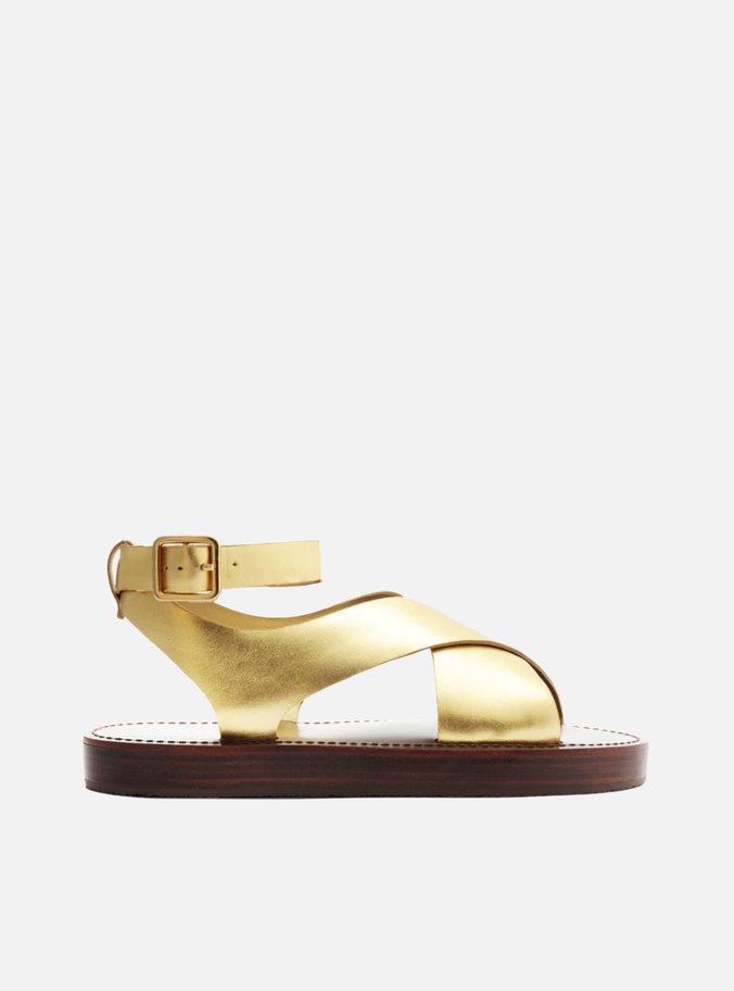 Sandália Dourada Couro Flatform Tiras Largas